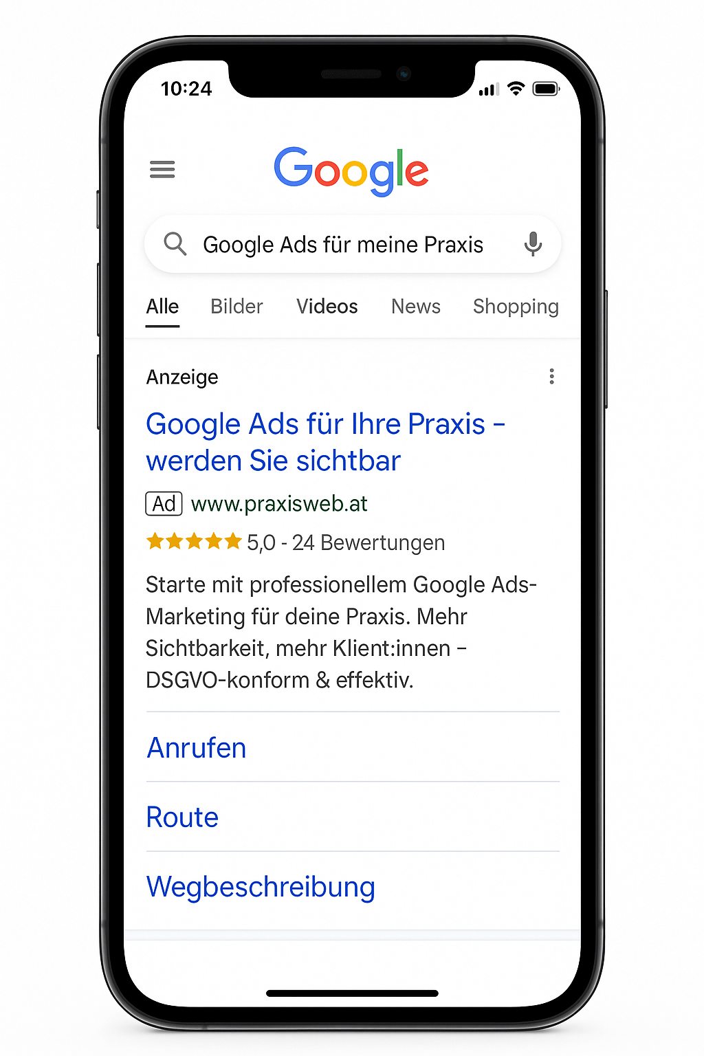 Google Suche Beispiel Praxisweb, Google Ads